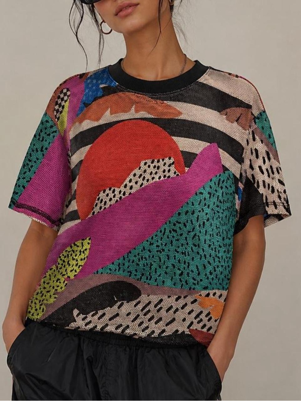 Farm Rio Abstract Art Mesh Jersey Top Small Y2K 90s Oversized Streetwear